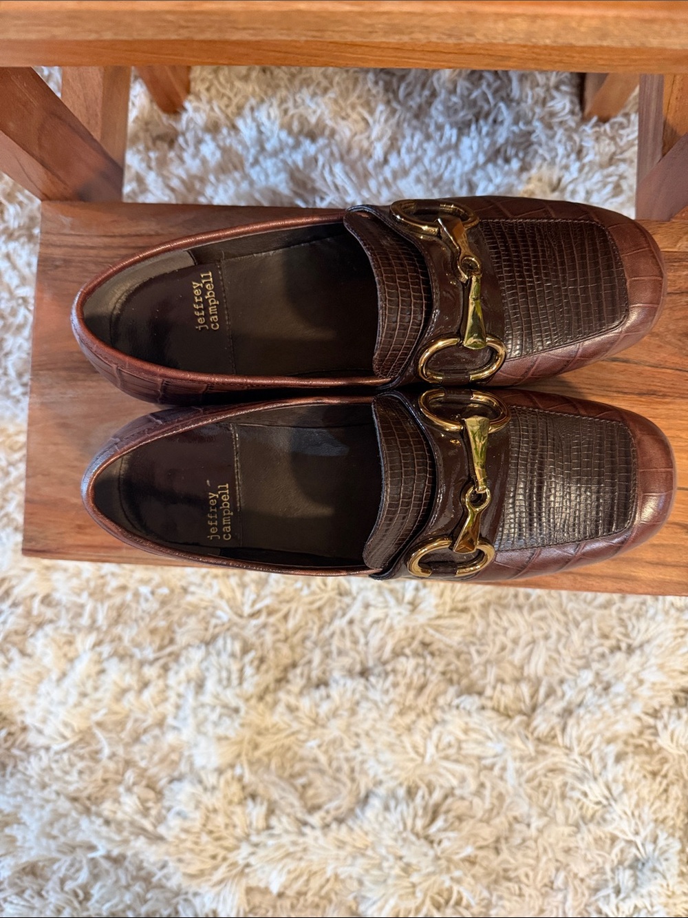 Jeffrey Campbell Brown Croc-Embossed Loafers / platforms with Gold Bit - Picture 3 of 12